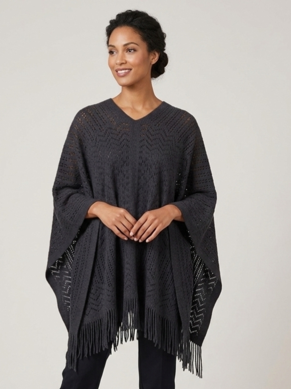 V-Neck Black Fringe Knit Poncho Sweater Size XL but Can Fit Much Larger